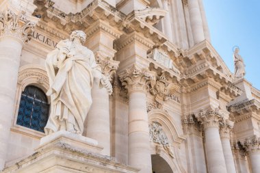 Syracuse, Italy-May 9, 2022:Metropolitan Cathedral of the Nativity of the Holy Mary in Piazza del Duomo during a sunny day