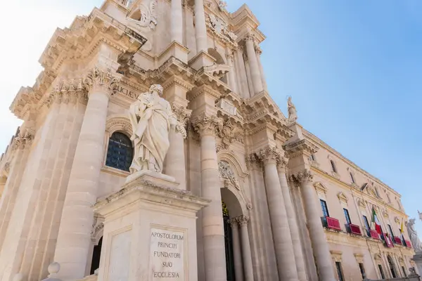Syracuse, Italy-May 9, 2022:Metropolitan Cathedral of the Nativity of the Holy Mary in Piazza del Duomo during a sunny day