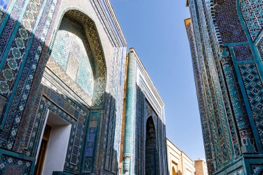 Samarkand, Uzbekistan-august 13, 2023:Particular of Shakhi Zinda necropolis, a famous mausoleum complex in Samarkand during a sunny day clipart