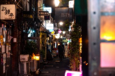 Tokyo, Japonya-Ağustos 5, 2024: Bazı insanlar Shinjuku 'nun loş sokaklarında yürüyorlar