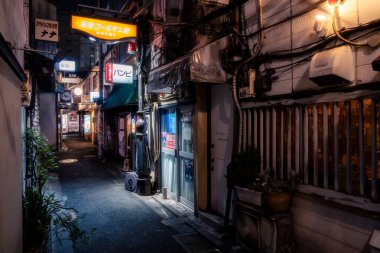 Tokyo, Japonya-Ağustos 5, 2024: Tokyo 'nun Shinjuku bölgesindeki bazı binaların arkasındaki loş sokak