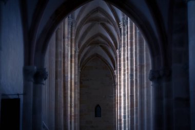 Meissen, Almanya-Ağustos 17, 2022: Maissen Katedrali 'ndeki uzun kolonların ve kemerlerin perspektif görüntüsü