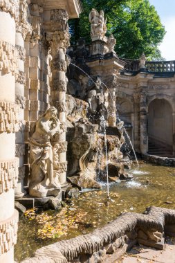 Dresden, Almanya-Ağustos 16, 2022: Güneşli bir günde şehrin en önemli barok anıtlarından biri olan uçsuz bucaksız Zwinger kompleksinin manzarası