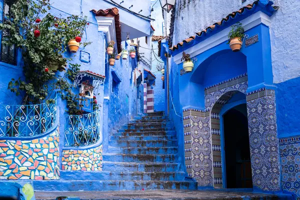 Tangier, Morocco -march 26, 2024:beautiful decorations for the blue streets of the city of Chefchaouen in Morocco during a cloudy day