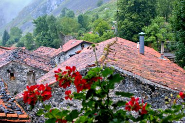 Bulnes, Asturias 'ın çatıları, yağmurlu bir günde, İspanya