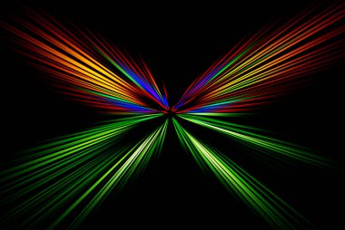 Abstract surface of a radial zoom blur in red, green, orange, blue tones on a black background. Glowing multicolored background with radial, diverging, converging lines. clipart