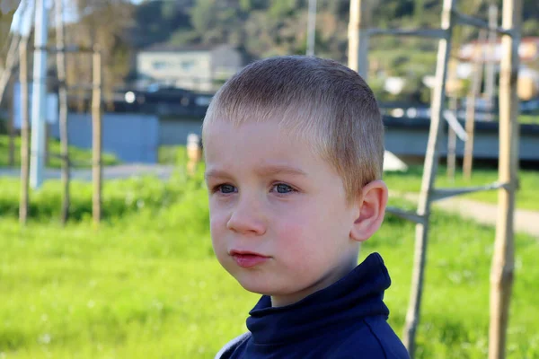 Een Kortharige Blonde Jongen Kijkt Glimlachend Verte Een Vrolijke Vijfjarige — Stockfoto