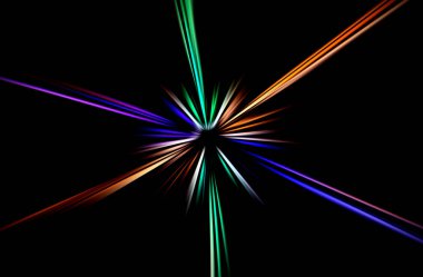 Siyah arkaplanda yeşil, turuncu, mavi renklerde bulanık radyal yakınlaştırmanın soyut yüzeyi. Radyal, ayrışan, yakınsayan satırlarla canlı efekt arkaplanı