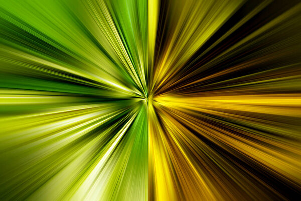 Абстрактный радиальный зум размывает поверхность в светло-зеленых, желтых и коричневых тонах. Теплый двухцветный фон с радиальными, излучающими, сходящимися линиями.