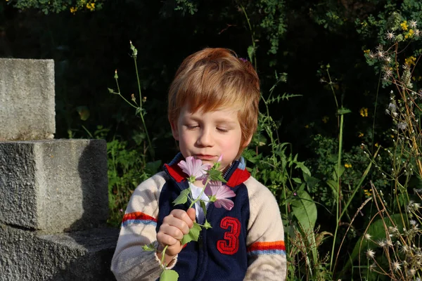 Рыжий Мальчик Улыбается Смотрит Цветы Руке — стоковое фото