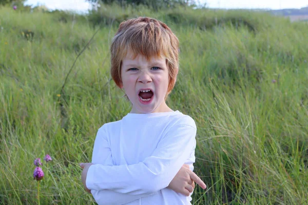 Blondyn Zmarszczył Nos Szeroko Otworzył Usta Pięcioletni Chłopiec Złym Nastroju — Zdjęcie stockowe