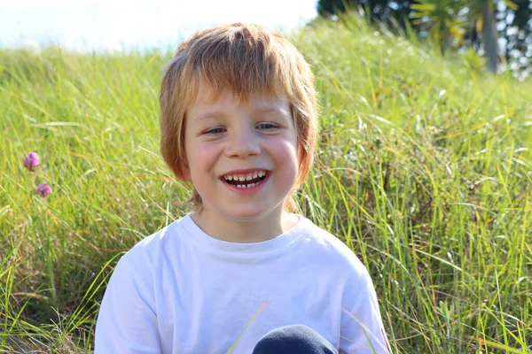 Uśmiechnięty Blondyn Siedzący Trawie Łące Radosny Pięcioletni Chłopiec — Zdjęcie stockowe