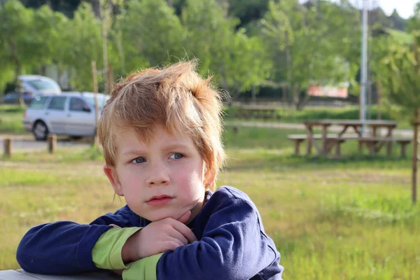 Blonde Jongen Kijkt Naar Zijkant Met Interesse Bedachtzame Vijfjarige Jongen — Stockfoto