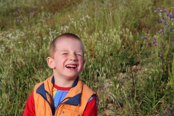晴れた日に野原で笑っている金髪の少年の肖像画 楽しい6歳の男の子 — ストック写真