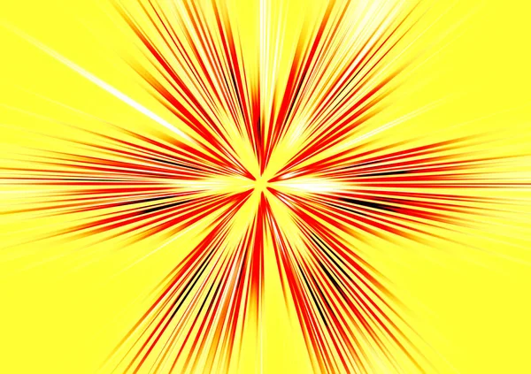 黄色の背景に赤トーンでぼかし放射状ズームの抽象的な表面 明るい背景に 放射状で分岐し 6点の星の形をした線を収束させる — ストック写真