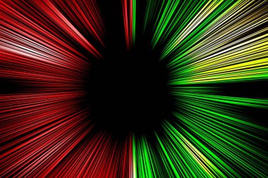 Bulanık radyal yakınlaşmanın soyut yüzeyi siyah arkaplanda kırmızı ve yeşil tonlarda. Radyal, ayrışan, yakınsayan çizgilerle etkileyici bir arkaplan..