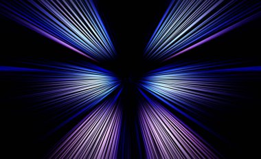 Soyut radyal zoom bulanık yüzey mavisi, siyah arkaplanda leylak rengi. Radyal, yayıcı, yakınsayan çizgilerle muhteşem bir arkaplan.