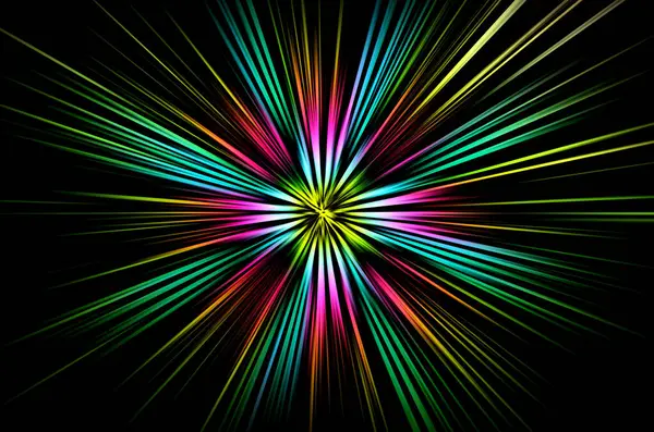 Radyal zoom bulanıklığının soyut yüzeyi siyah arkaplanda neon sarısı, yeşil, pembe tonlarda. Radyal, ayrışan, yakınsayan çizgilerle parlak renkli arkaplan