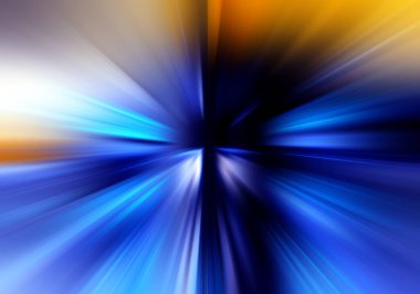 Radyasyon bulanıklığının soyut yüzeyi merkeze doğru yaklaşan dinamik mavi ve turuncu ışık demetleriyle yakınlaşıyor. Yüksek hızlı hareket ve canlı enerji konsepti.