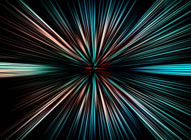 Radyal bulanıklığın soyut yüzeyi mercan ve mavi tonlarda yakınlaşır. Dinamik ışık siyah bir arkaplanda merkeze doğru yaklaşır. Geleceksel hareket, hız ve enerji kavramı.