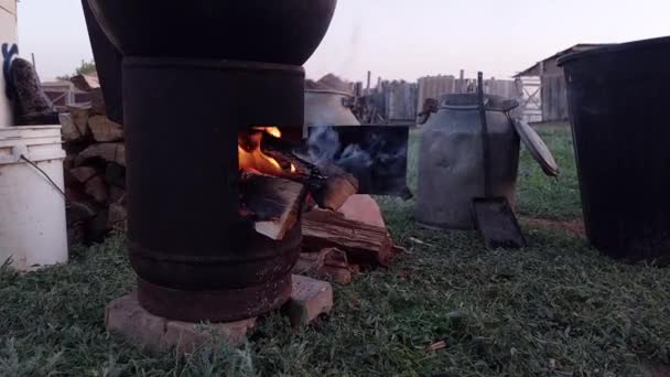 Homemade Outdoor Oven Cooking Cauldron Cooking Food Fire Cauldron Burning — Stock Video