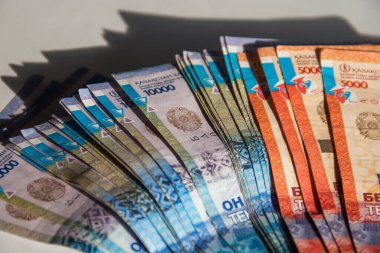 Kazak para birimi gerilimi genişletildi. Tenge para biriminde armanın çizimi.