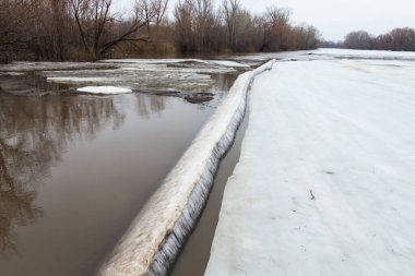 Uralsk 'taki Chagan Nehri' nde büyük bir buz parçası koptu. İlkbaharda nehirde eriyen buzlar yüzer. Kazakistan 'da sel. Bahar buzu sürükleniyor.