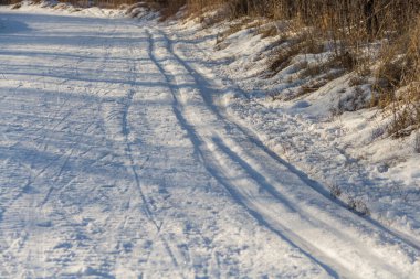 Eğri Kayak Pisti. Khanskaya Grove 'da eğri büğrü bir kayak yolu. Karda kayak izleri.