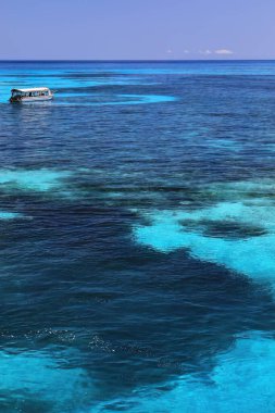 Büyük Set Resifi 'nin ziyaretçileri için Cairns' in 27 km kuzeydoğusunda yer alan Green Island veya Wunyami yakınlarındaki büyük bariyer kayalıklarına su hareketleri sağlayan turist motorlu teknesi. Queensland-Avustralya.