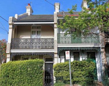 Victorian Filigree style terrace houses facades with high-pitch roofs on Ormond St., Paddington. Sydney-Australia-690 clipart