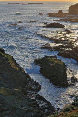 Phillip Adası 'nın güneybatı kıyı şeridi boyunca kaya oluşumlarında dalgalı dalgalar kopuyor. The Nobbies ve Seal Rocks, kereste kaldırımından görüldüğü gibi arka planda. VIC-Avustralya.