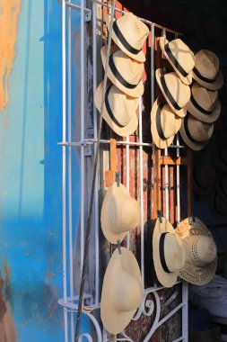 Set of straw hats -Panama, Ecuadorian, Jipijapa or Toquilla- hanging from a wooden frame attached to the open, white painted wrought-iron grille of a shop on a street of the Plaza Mayor Square area. clipart