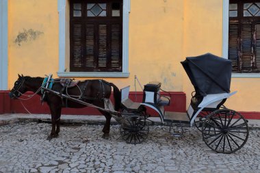 Trinidad, Cuba-October 13, 2019: Colonial horse carriage for sightseeing tours around the cobbled city center, waiting for customers while stopped at 274 Calle Cristo Street, Plaza Mayor Square area. clipart