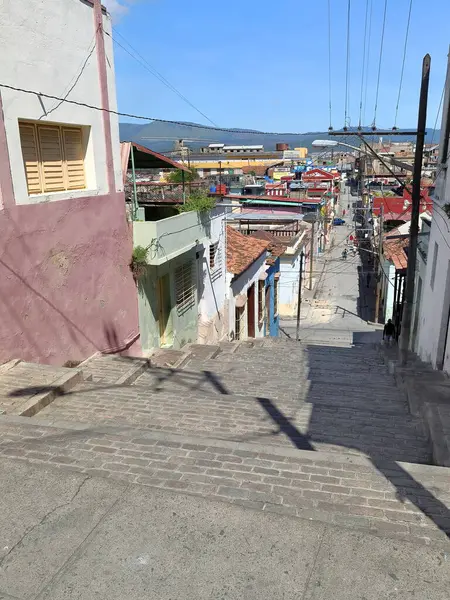 stock image Escalinata Padre Pico Stairway cobbled steps along -south to north- the homonymous street from Corvacho Hill to Tivoli Neighborhood. Santiago-Cuba-540