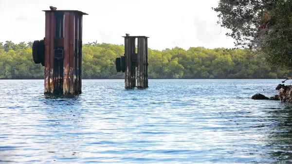 stock image SE shore Bahia Taco Bay, rusty steel remains of a former mooring for ocean-going vessels transporting to the US precious woods extracted in the area by a sawmill working from 1930-1945. Baracoa-Cuba.