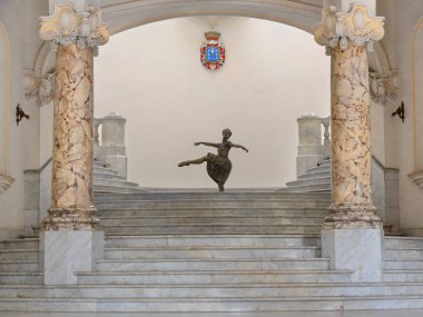 Havana, Cuba-October 26, 2019: Bronze sculpture of the legendary dancer Alicia Alonso named Giselle after the romantic ballet character, lobby of the neo-Baroque, 1914 built Gran Teatro-Great Theater. clipart