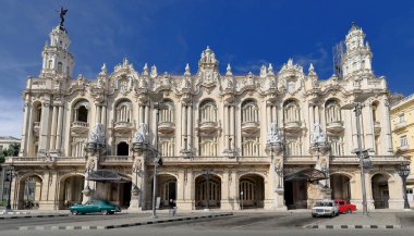 Havana, Cuba-October 26, 2019: East-facing main facade of the AD 1914 neo-Baroque building of the Gran Teatro-Great Theater building, renewed in 2015, Paseo del Prado Promenade, Centro municipality. clipart