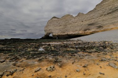 The Arche d'Amont Arch resembling an elephant dipping its trump into the sea, northeasternmost end of the pebble and rock beach at the white chalk Falaise d'Amont Cliff foot. Etretat-Normandy-France. clipart