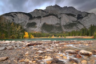 Cascade River ve Pond 'dan 2998 m yüksekliğindeki Şelale Dağı' nın batı-kuzeybatısına doğru sonbahar yapraklarında kozalaklı ağaçlar ve balsam kavak ağaçları üzerinde alacakaranlıkta bulutlu gökyüzü altında. Banff-AB-Kanada.