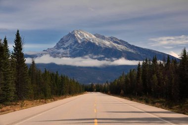 Athabasca Nehri Vadisi boyunca uzanan Icefields Parkway 'in güneydoğusuna doğru olan manzara Maligne Sıradağları' ndaki 2716 metre yüksekliğindeki Hardisty Dağı 'nı gösteriyor. Jasper NP-Alberta-Kanada.