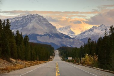Atlar (L-R) Tangle Ridge, Kitchener ve Cromwell (Outliers) tarafından desteklenen Athabasca Nehri Vadisi boyunca uzanan Pkwy.nin düz ve dalgalı bir yolu üzerinde güneye doğru görüş. Jasper NP-Alberta-Kanada.