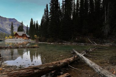 Emerald Gölü 'nün güneybatısındaki sığ ve kalabalık havuzun üzerinde bulutsuz bir şafak. Zümrüt Köşkü yarımadası, Michael Peak sol arka planda. Field, Yoho NP, British Columbia, Kanada.