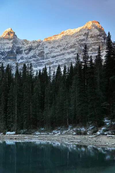 On Tepe Vadisi 'ndeki Moraine Gölü' nün zümrüt yeşili yansıtıcı suları mavi gökyüzünün altında bulutsuz bir gündoğumunda kuzey kıyısından güney batıya doğru görüldü. Banff NP-Alberta-Kanada.