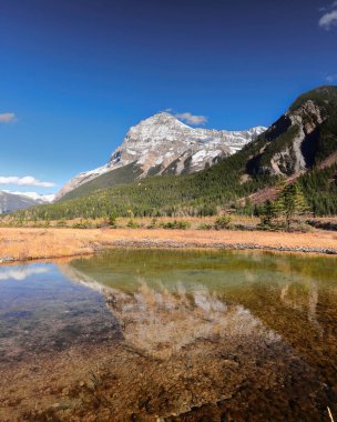 Trans-Kanada Karayolu ve Zümrüt Göl Yolu kavşağındaki yol kenarı bahar havuzu Stephen Dağı 'nın berrak sularına yansıyor. Yoho NP-British Columbia-Canada.