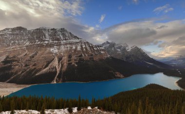 Zümrüt-zümrüt-turkuaz Peyto Gölü 'nden göl kıyısındaki W-R: Caldron Tepesi, Patterson Dağı (Ana ve Kuzey) Waputik Sıradağları' na bakın. Banff NP-Alberta-Kanada.