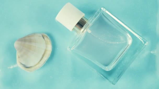 一瓶香水和一个海贝壳在蓝色的水的背景 水花和水滴 — 图库视频影像