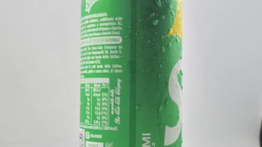 Italy, Rome, July 28, 2022. A can of Sprite soft drink close-up: the most famous can in the world with fresh drops of water.