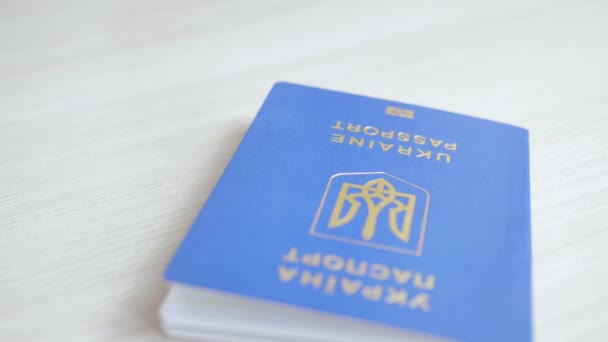 Ukrainian Biometric Passport Traveling Europe Visas Table Inscription Ukrainian Passport — Vídeo de stock