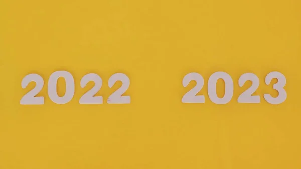 Letras Madeira Fundo Amarelo Inscrição Olá 2023 — Fotografia de Stock