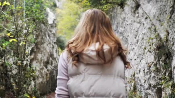 Kız Doğal Ormanda Yürür Bir Kadın Yalnız Yürür Sonbaharda Parktaki — Stok video